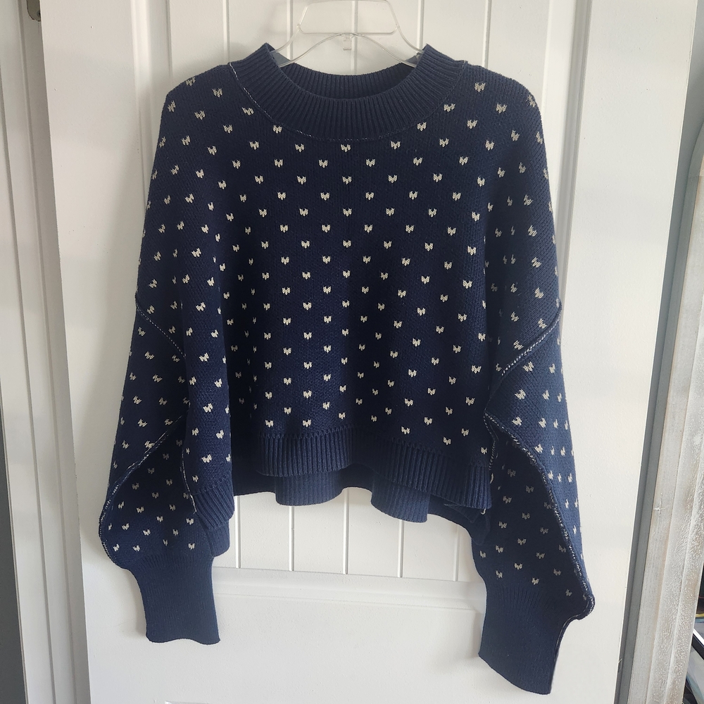 Free People Navy Blue Crewneck Sweater with Cream Dot Pattern